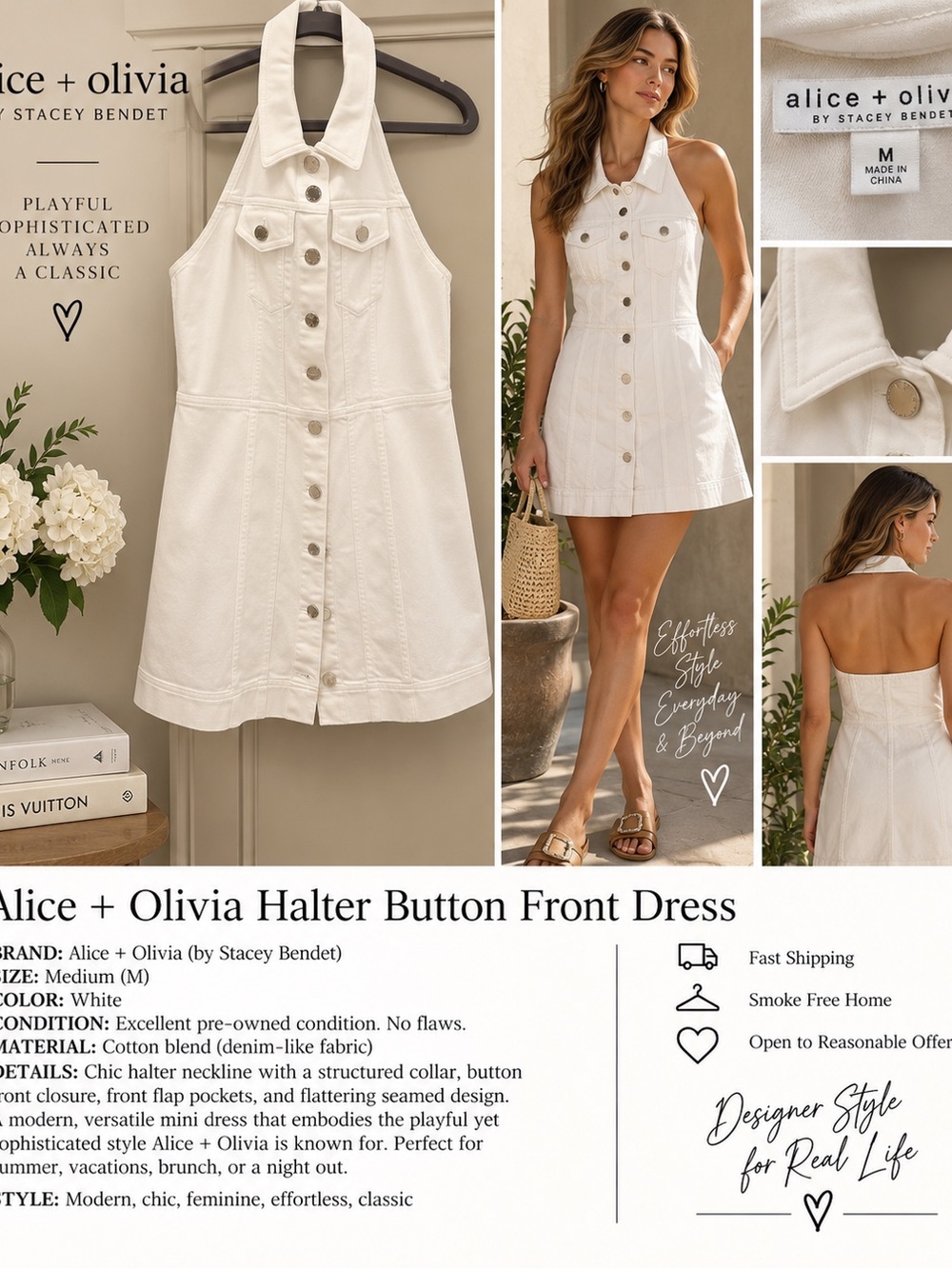 Alice + Olivia White Halter Button-Front Mini Dress
